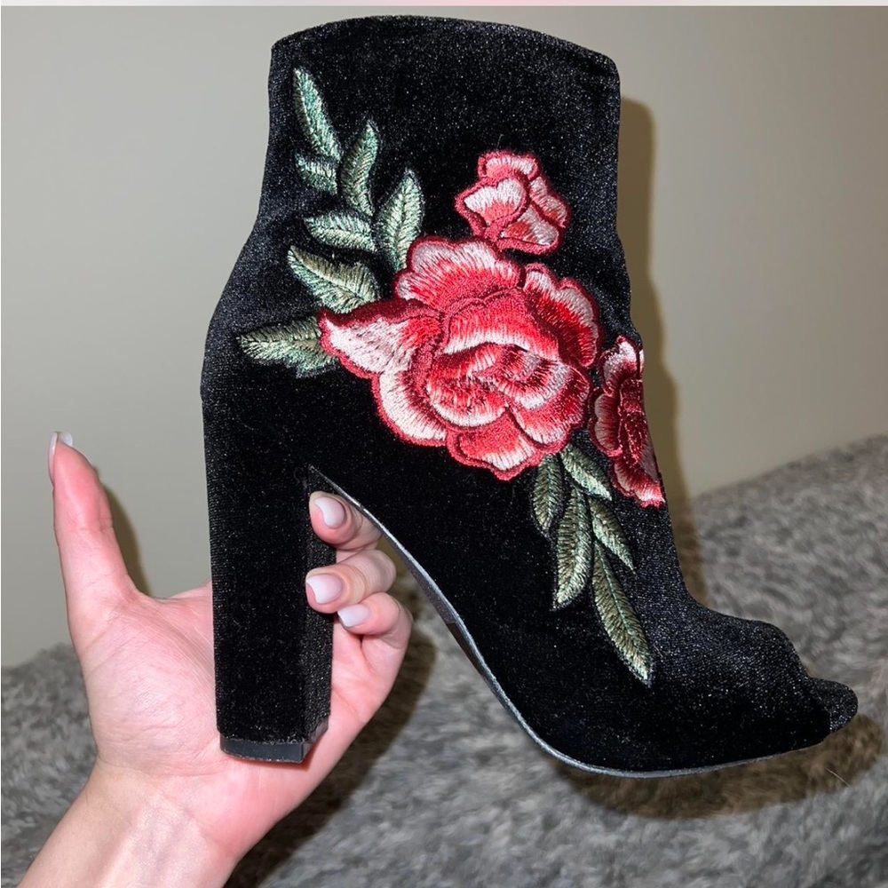 Black Peep Toe Booties With Rose detail